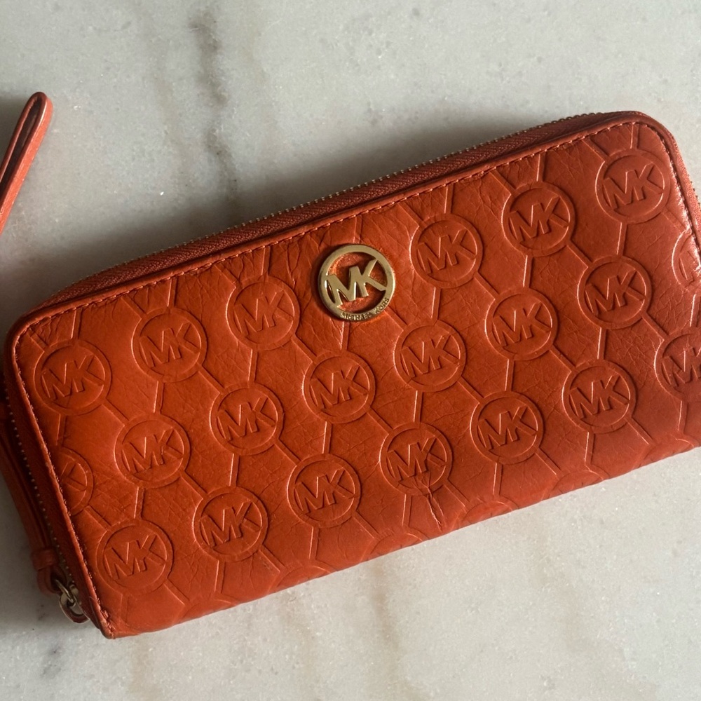 Michael Kors Orange Embossed Leather Zip Around Wallet Gold Logo
